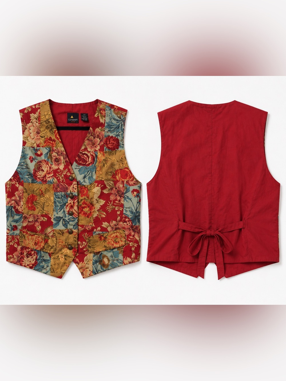 LIZ SPORT Vtg 90s Floral Patchwork Vest Sz S Petite Gramdmacore Boho Cottagecore - Picture 3 of 16